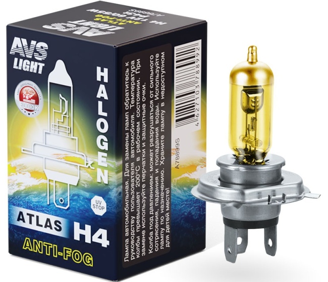 Лампа галогенная AVS ATLAS ANTI-FOG BOX желтый H4, 24V, 75/70W