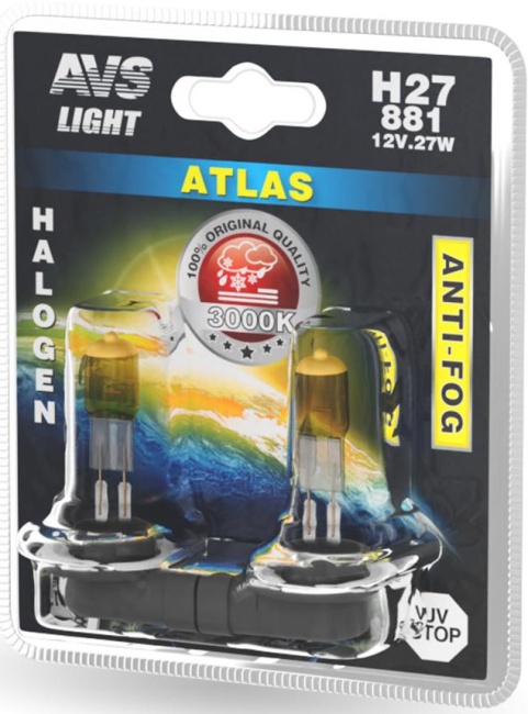 Лампа галогенная AVS ATLAS ANTI-FOG желтый H27/881, 12V, 27W, блистер, 2 штуки