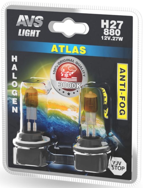 Лампа галогенная AVS ATLAS ANTI-FOG желтый H27/880, 12V, 27W, блистер, 2 штуки