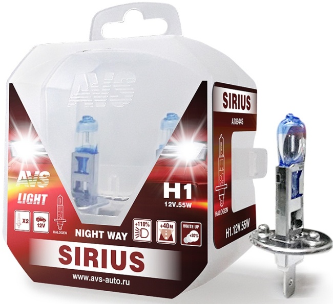 Лампа галогенная AVS SIRIUS NIGHT WAY H1, 12V, 55W, Plastic box, 2 штуки