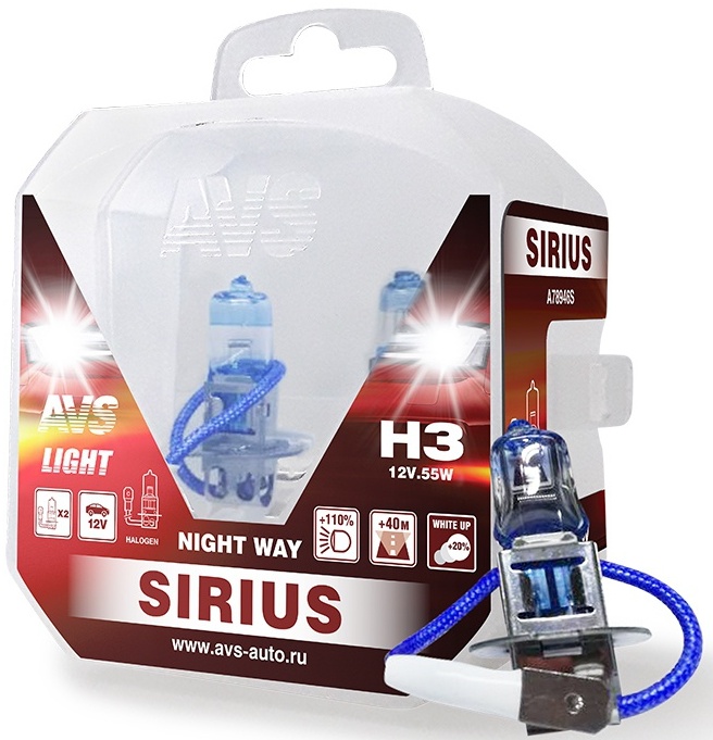 Лампа галогенная AVS SIRIUS NIGHT WAY H3, 12V, 55W, Plastic box, 2 штуки