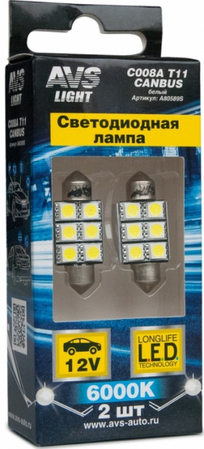 Лампа светодиодная T11 C008A белый (SV8.5/8) 36 мм, 6x5050 SMD CANBUS, блистер 2 штуки