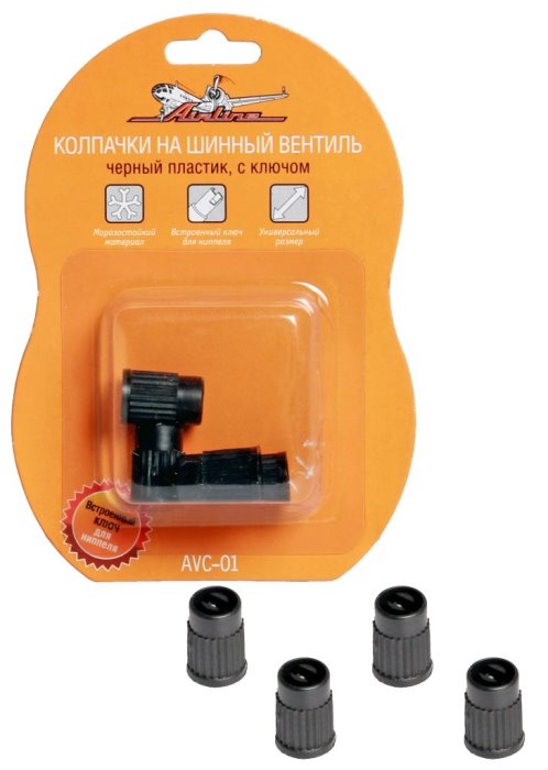 Колпачки на шинный вентиль с ключом AIRLINE AVC-01 (черные, пластик)