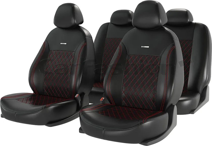 Чехлы универсальные CarFashion Atom Leather Ромб на сидения авто, цвет Черный/Черный/Красный
