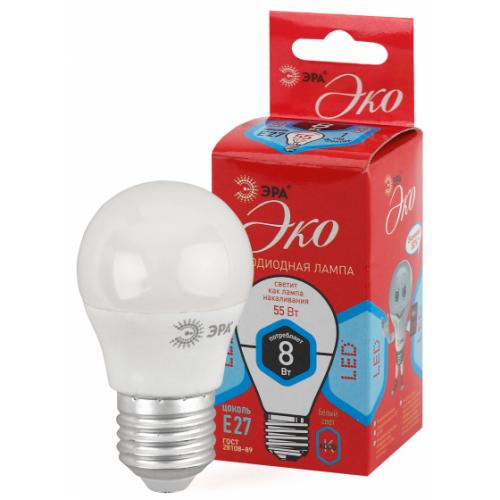 ЭРА Б0030025 ECO LED P45-8W-840-E27 Лампа ЭРА (диод, шар, 8Вт, нейтр, E27)