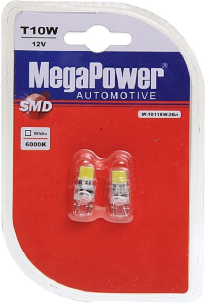 Лампа светодиодная MegaPower M-10118W-2БЛ t10w (w2,1x9,5d) 2 led cob white 12В