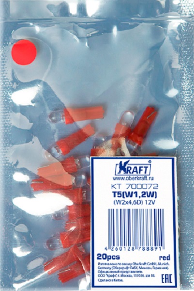 Светодиод Kraft KT 700072 t5 w1.2w (w2x4.6d) 12v red