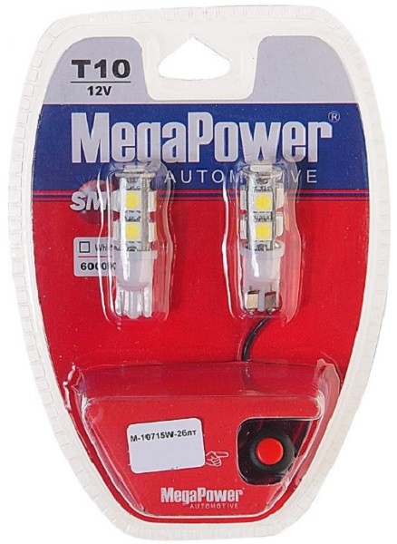 Лампа светодиодная MegaPower M-10715W-2БЛТ t10w (w2,1x9,5d) 9 smd 5050 white 12В