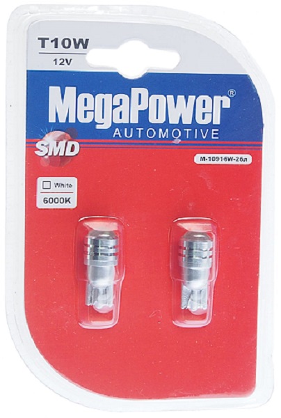 Лампа светодиодная MegaPower M-10916W-2БЛ t10w (w2,1x9,5d) 1 smd cree white 12В