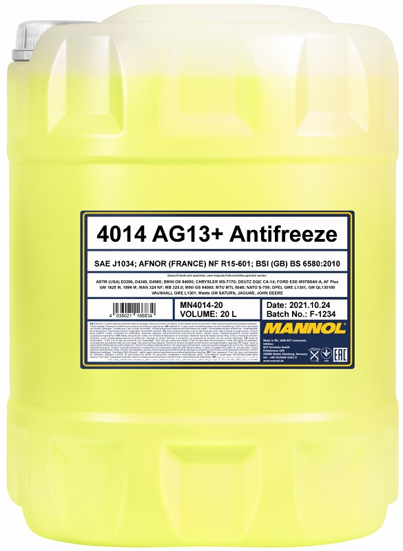 Жидкость охлаждающая Mannol 2069 Advanced Antifreeze AG13+ -40°C, жёлтая, 20л