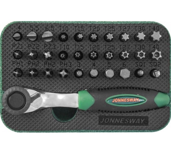 Набор вставок-бит с трещоточной рукояткой мини Jonnesway RD01032S (1/4, 60 зубцов, 32 предмета)