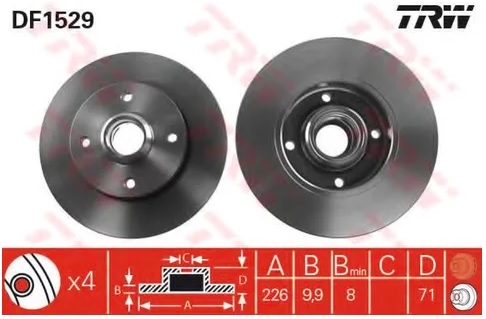 Диск тормозной задний VW GOLF, PASSAT, VENTO TRW DF 1529, D=226 мм