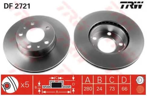 Диск тормозной передний Citroen JUMPER, Fiat DUCATO, Peugeot BOXER TRW DF 2721, D=280 мм