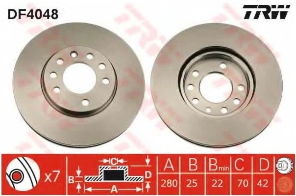 Диск тормозной передний OPEL ASTRA, ZAFIRA TRW DF 4048, D=280 мм