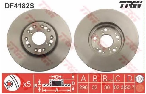 Диск тормозной передний Lexus GS, IS I, LS, SC, Toyota Altezza, Aristo TRW DF 4182S, D=296 мм