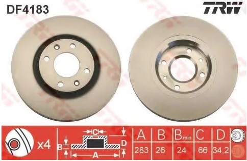 Диск тормозной передний Citroen Berlingo, C4, Peugeot 308 TRW DF 4183, D=283 мм