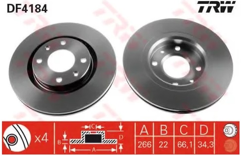 Диск тормозной передний CITROEN C3, C4, C5, BERLINGO, PEUGEOT 206, 307, PARTNER TRW DF 4184, D=266 мм 