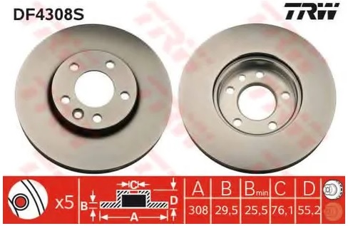 Диск тормозной передний VW Multivan V, VI, Touareg, Transporter IV, V, VI TRW DF 4308S, D=308 мм