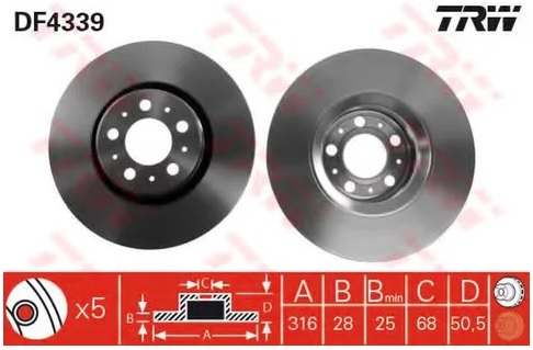 Диск тормозной передний Volvo S60 I, XC90 I TRW DF 4339, D=316 мм