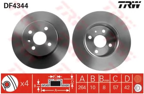 Диск тормозной задний Opel Astra, Combo, Meriva TRW DF 4344, D=264 мм