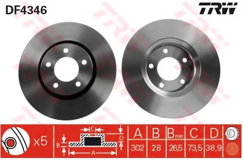 Диск тормозной передний Chrysler Voyager IV, Dodge Caravan TRW DF 4346, D=302 мм