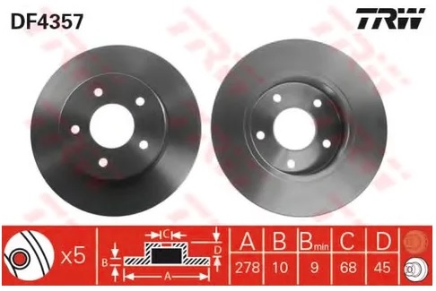 Диск тормозной задний Nissan Almera Tino, Primera TRW DF 4357, D=278 мм