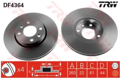 Диск тормозной передний Lada Largus, Nissan Micra, Renault Logan I TRW DF 4364, D=260 мм