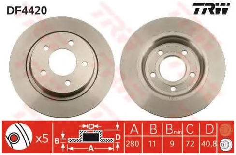 Диск тормозной задний Mazda 3, 5 TRW DF 4420, D=280 мм