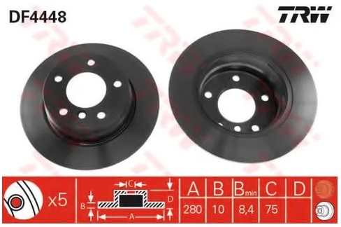 Диск тормозной задний BMW 1 (E81, E87) TRW DF 4448, D=280 мм