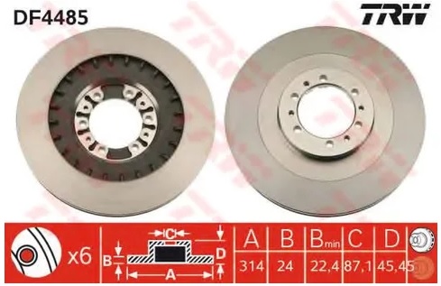 Диск тормозной передний Mitsubishi GALLOPER JK01, L 200, Pajero II, III, Pajero Sport I TRW DF 4485, D=314 мм