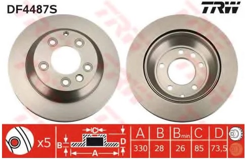 Диск тормозной задний Audi Q7, Porsche Cayenne, VW Touareg TRW DF 4487S, D=330 мм 