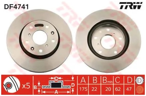 Диск тормозной передний Fiat Sedici, Suzuki SX4 TRW DF 4741, D=280 мм