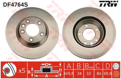 Диск тормозной передний Audi Q7, Porsche Cayenne, Panamera, VW Touareg TRW DF 4764S, D=350 мм