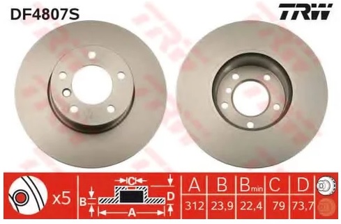 Диск тормозной передний BMW 1 (F20, F21), 2 (F22, F87, F23), 3 (E90, E91, E92, E93, F30, F80) TRW DF 4807S, D=312 мм