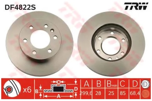 Диск тормозной передний Mercedes SPRINTER 906, VW CRAFTER 3035, CRAFTER 3050 TRW DF 4822S, D=300 мм