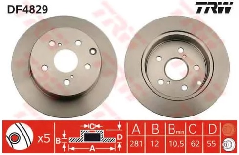 Диск тормозной задний Lexus HS, Toyota RAV 4 III, IV TRW DF 4829, D=281 мм