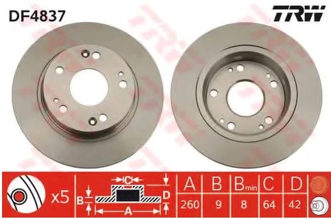 Диск тормозной задний Great Wall C50, Honda Civic IX, VII, VIII TRW DF 4837, D=260 мм