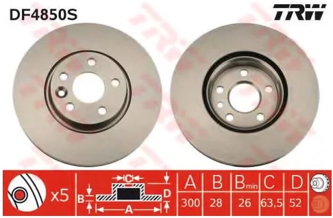 Диск тормозной передний FORD GALAXY, MONDEO, MONDEO IV Turnier, MONDEO IV седан, VOLVO S80, V70 TRW DF 4850S, D=300 мм