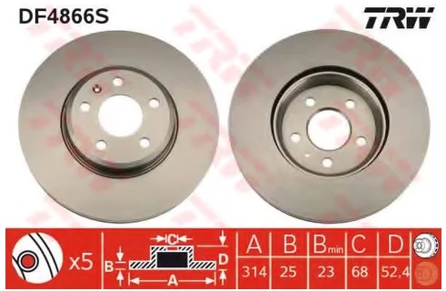 Диск тормозной передний Audi A4, A4 allroad, A5 TRW DF 4866S, D=314 мм