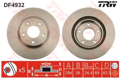 Диск тормозной передний Chrysler Sebring, Dodge Caliber, Jeep Compass TRW DF 4932, D=294 мм