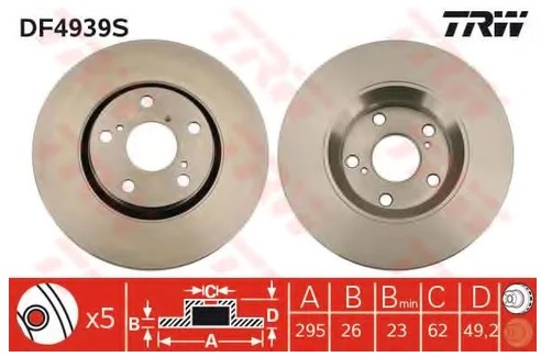 Диск тормозной передний Toyota Auris, Avensis, Corolla, Verso TRW DF 4939S, D=295 мм