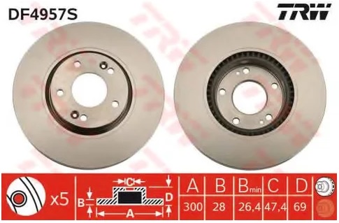 Диск тормозной передний HYUNDAI i30, i30 CW универсал TRW DF 4957S, D=300 мм