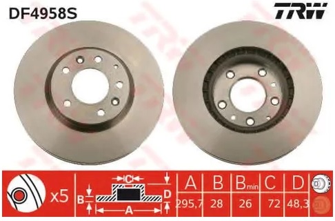 Диск тормозной передний Mazda CX-7, CX-9 TRW DF 4958S, D=295.7 мм