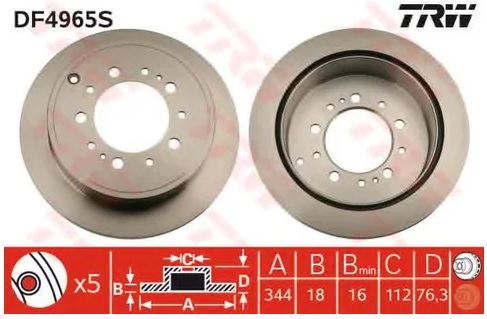 Диск тормозной задний Lexus LX, Toyota Land Cruiser TRW DF 4965S, D=345 мм