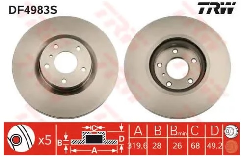 Диск тормозной передний Infiniti EX, G, M, Nissan Murano I, II TRW DF 4983S, D=320 мм