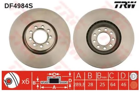 Диск тормозной передний IVECO DAILY IV-V TRW DF 4984S, D=290 мм