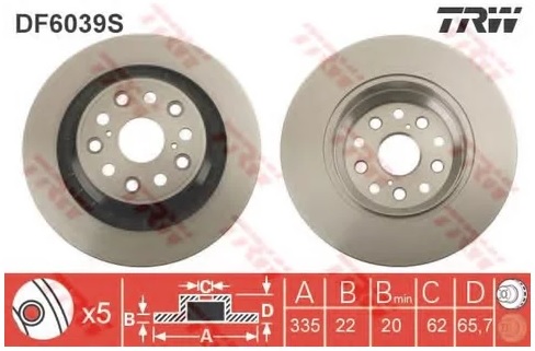 Диск тормозной задний Lexus LS TRW DF 6039S, D=335 мм