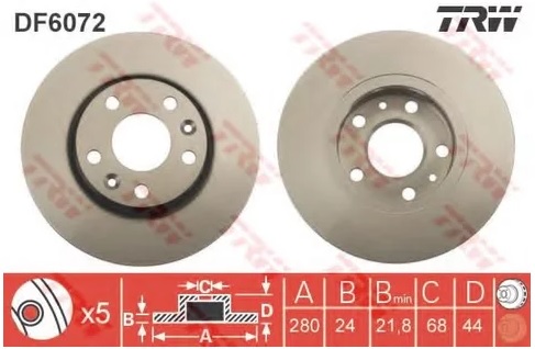 Диск тормозной передний Renault Duster, Fluence TRW DF 6072, D=280 мм