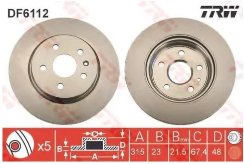 Диск тормозной задний Opel Insignia, Saab 9-5 TRW DF 6112, D=315 мм