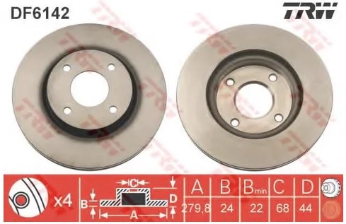 Диск тормозной передний Nissan Cube, Tiida, Versa TRW DF 6142, D=280 мм